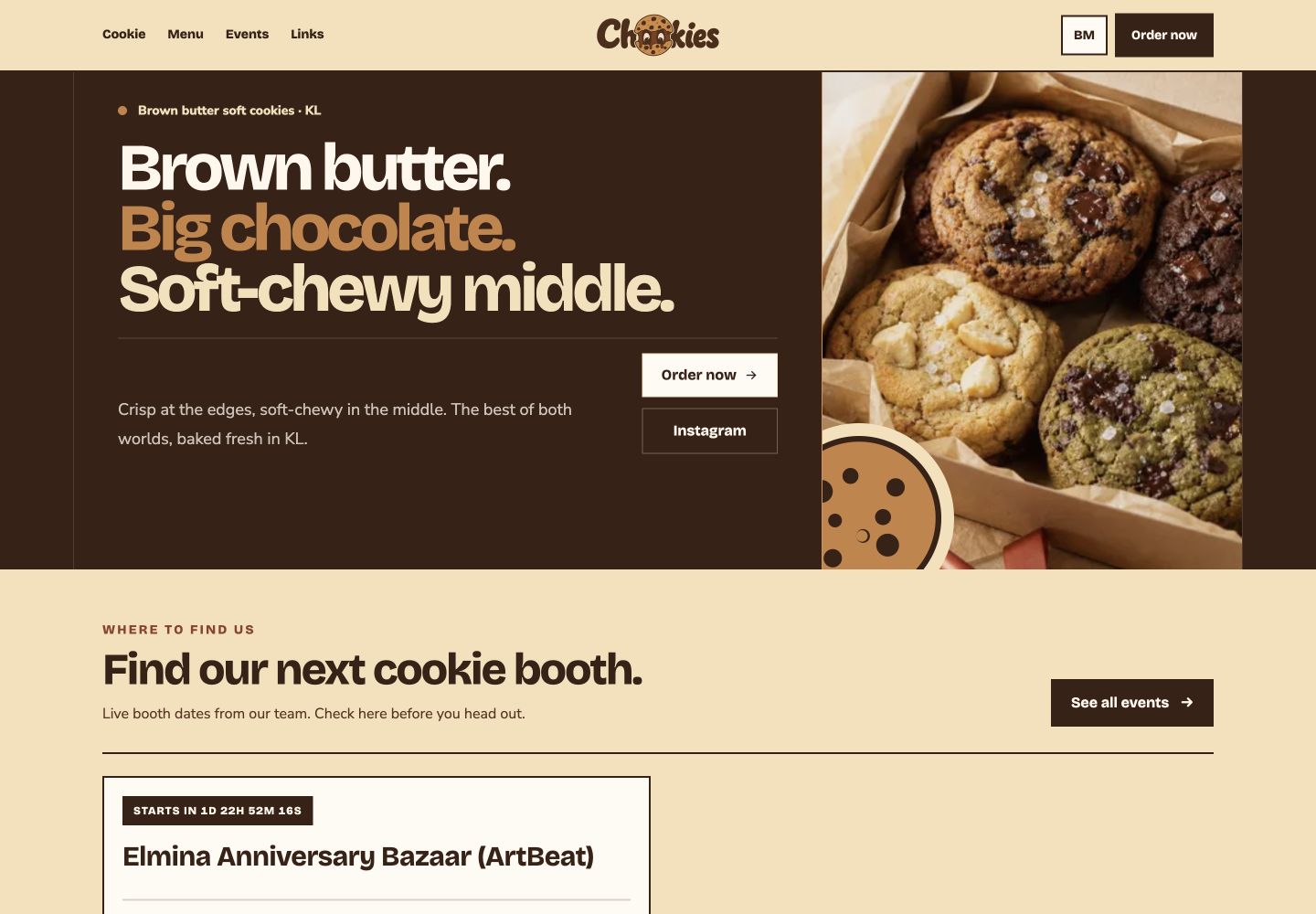 The Chookies.my homepage with its cookie box hero and live event listing.